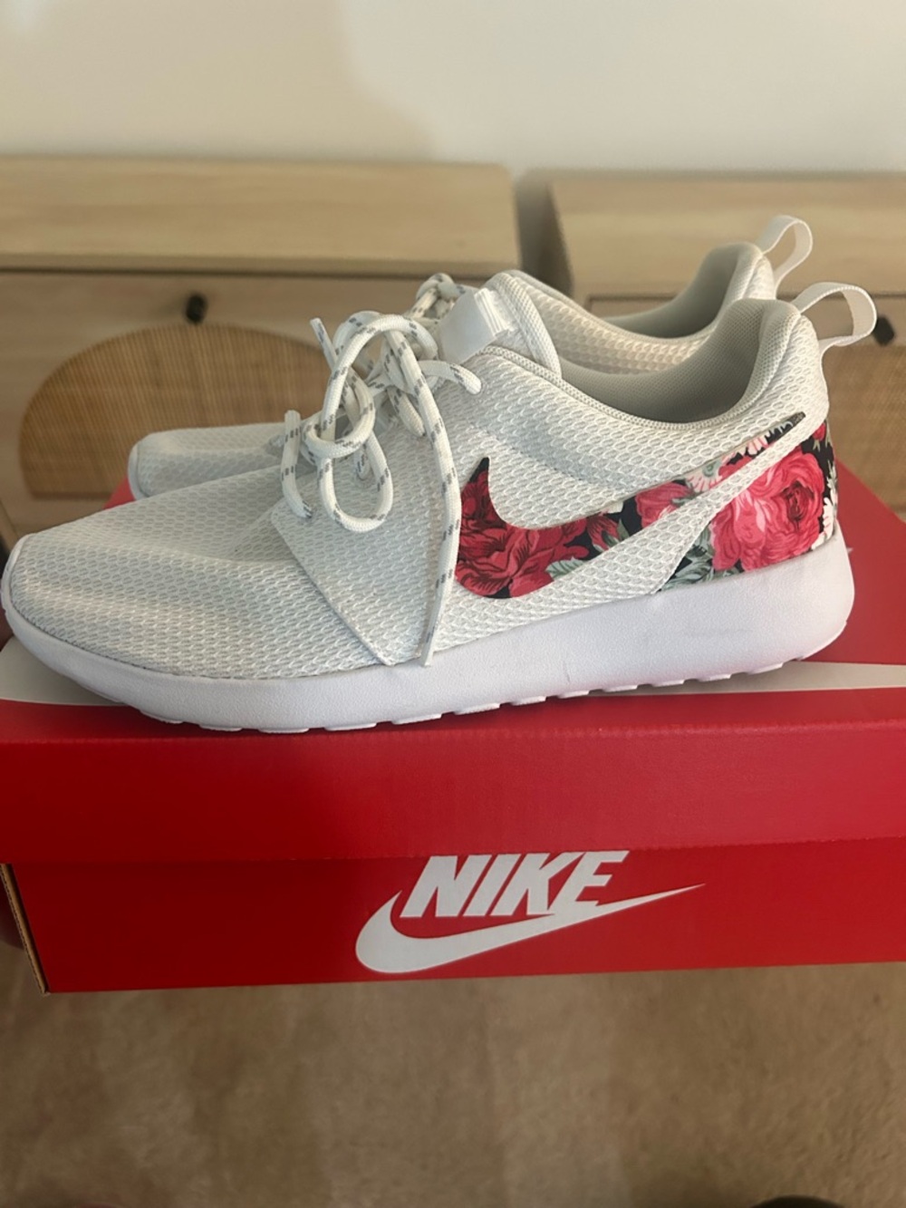 Hand painted Nike White Mesh Sneakers with Floral Swoosh